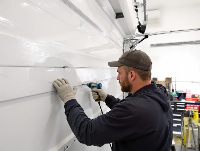 Miami Beach Garage Door Repair technician demonstrating precision dent removal techniques on a Miami Beach garage door
