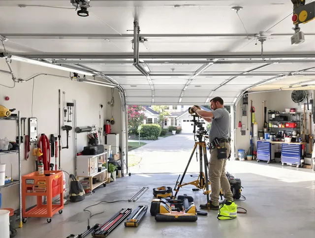 Miami Beach Garage Door Repair specialist performing laser-guided track alignment in Miami Beach
